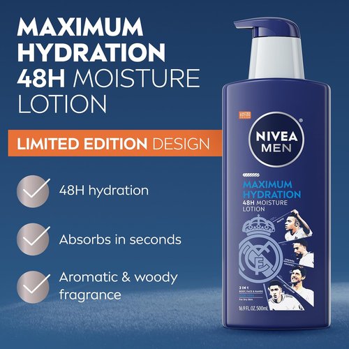 NIVEA MEN Maximum Hydration Body Lotion - 48-Hour Moisture for Dry Skin, Aloe Vera, 16.9 Fl Oz