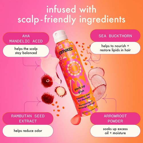 amika perk up plus extended clean dry shampoo | lightweight + buildable, extend time even further between wash days, invisible finish + no white residue, for all hair types