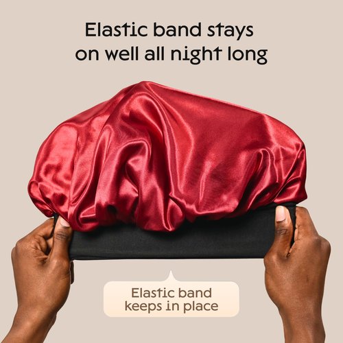 Niagara Satin Bonnet Men - Red Bonnet for Sleeping Men - Reversible Night Cap - Mens Bonnet for Curly Hair - Large Bonnet with Double Layer (Black/Red)