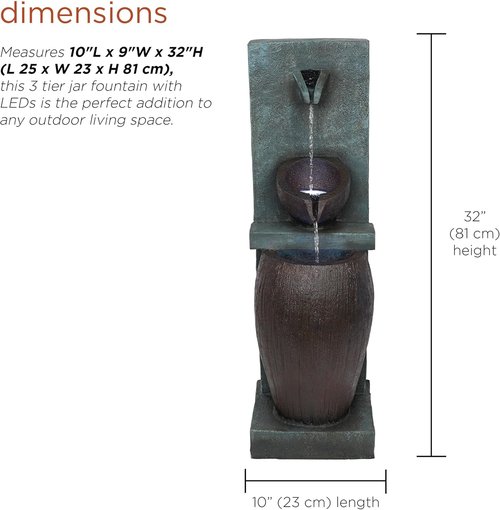 Alpine Corporation 32" 3-Tier Jar Fountain - Elegant Outdoor Water Feature with LED Lights for Garden & Patio
