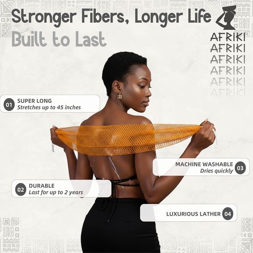 AFRIKI African Net Sponge - Exfoliating Body Scrubber for All Skin Types | 45" Long (Black)