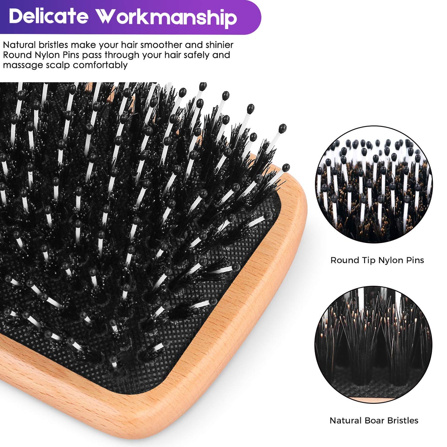 Hair Brush Boar Bristle Hair Brushes for Women Curly Hair, Best Paddle Detangling Brush Detangler for Girls Kids,Smooth Hair Add Shine …