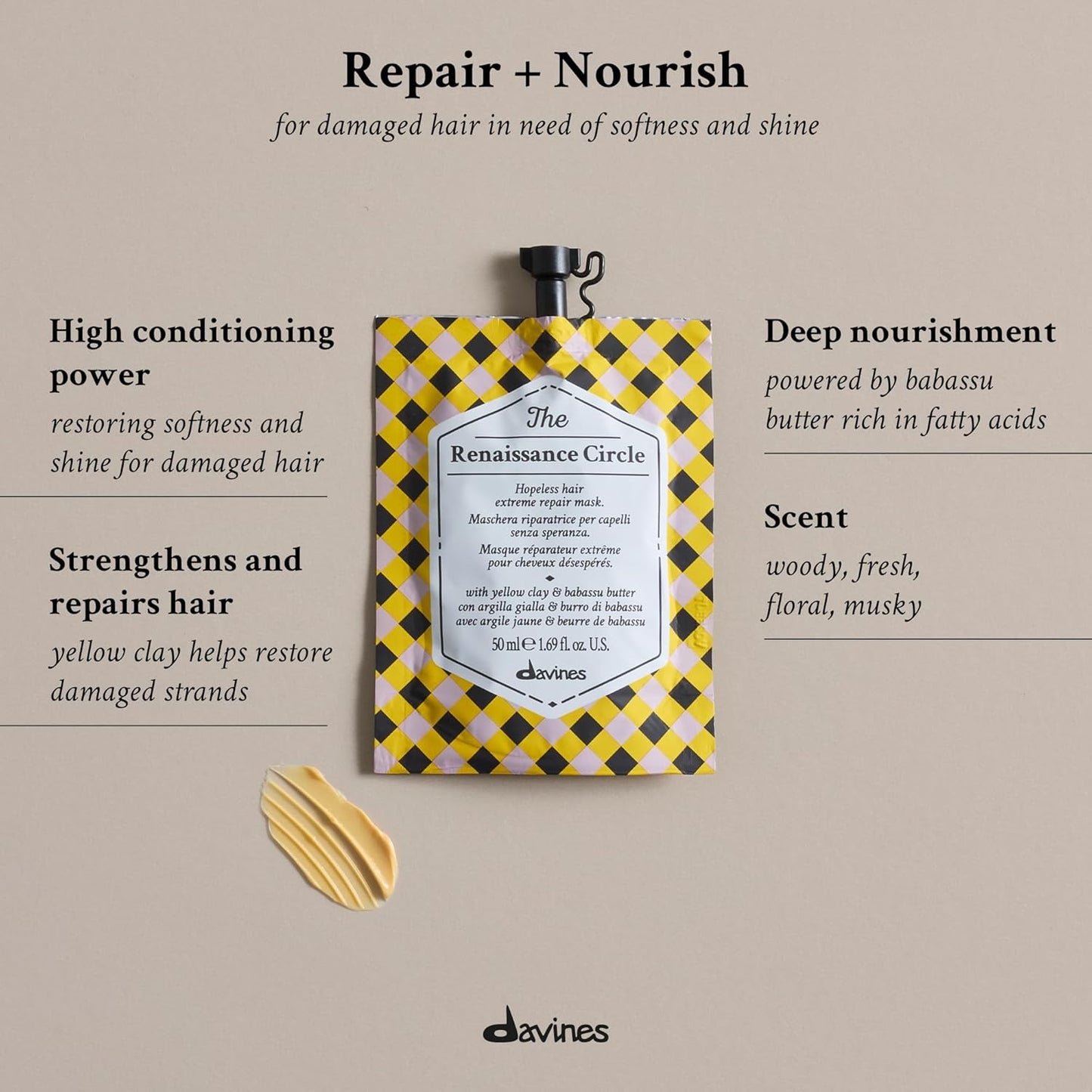Davines The Renaissance Circle Hair Mask - Repairing Treatment for Extremely Damaged Hair | Restores Structure & Softness with Babassu Butter, 1.69 Fl Oz