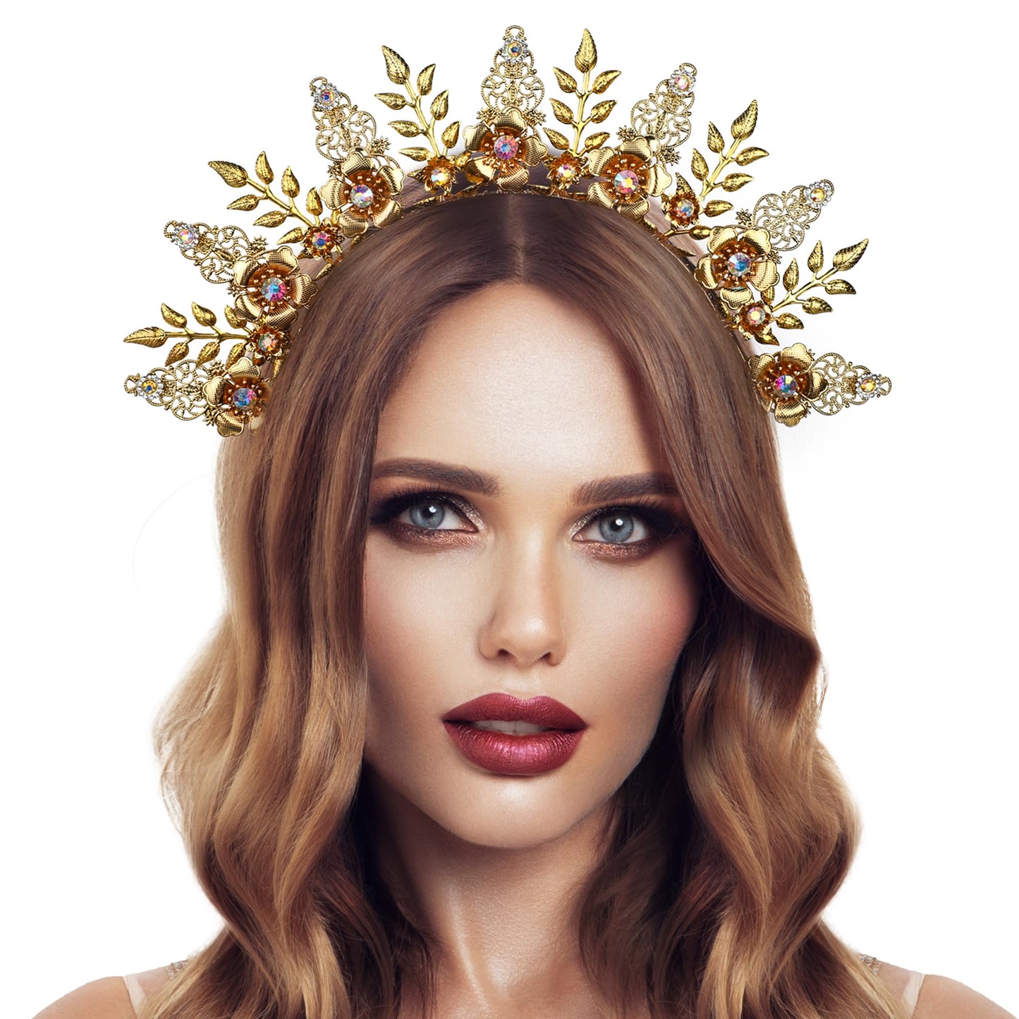 COSUCOS Sunburst Halo Gold Spike Crown - Sun Goddess Headband Crown Helloween Costume Leaves Headpiece Accessories Medusa Adult Crown Women