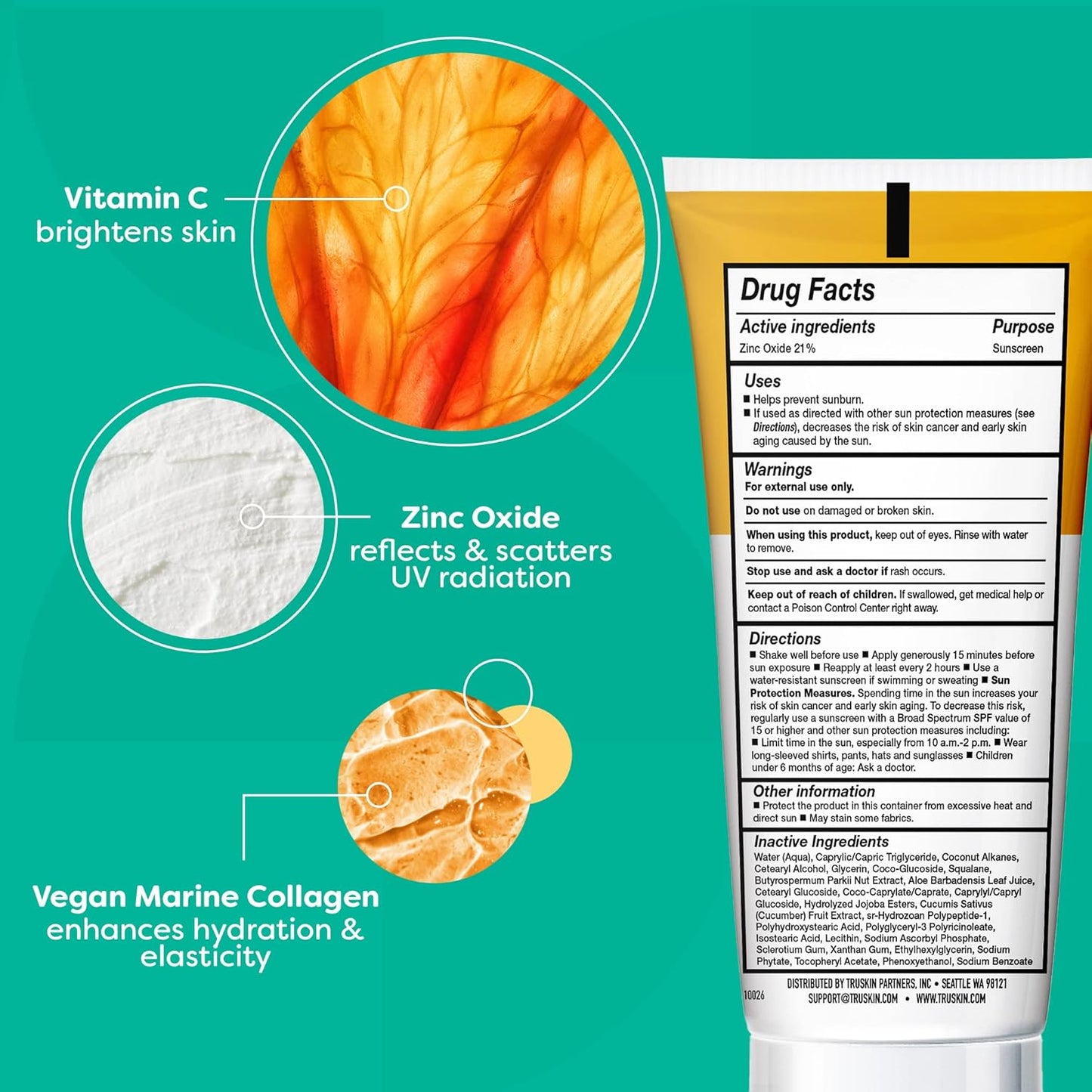 TruSkin Mineral Sunscreen SPF 30 - Zinc Oxide Protection with Squalane & Vitamin C | Reef-Safe for Sensitive Skin, 1.7 fl oz