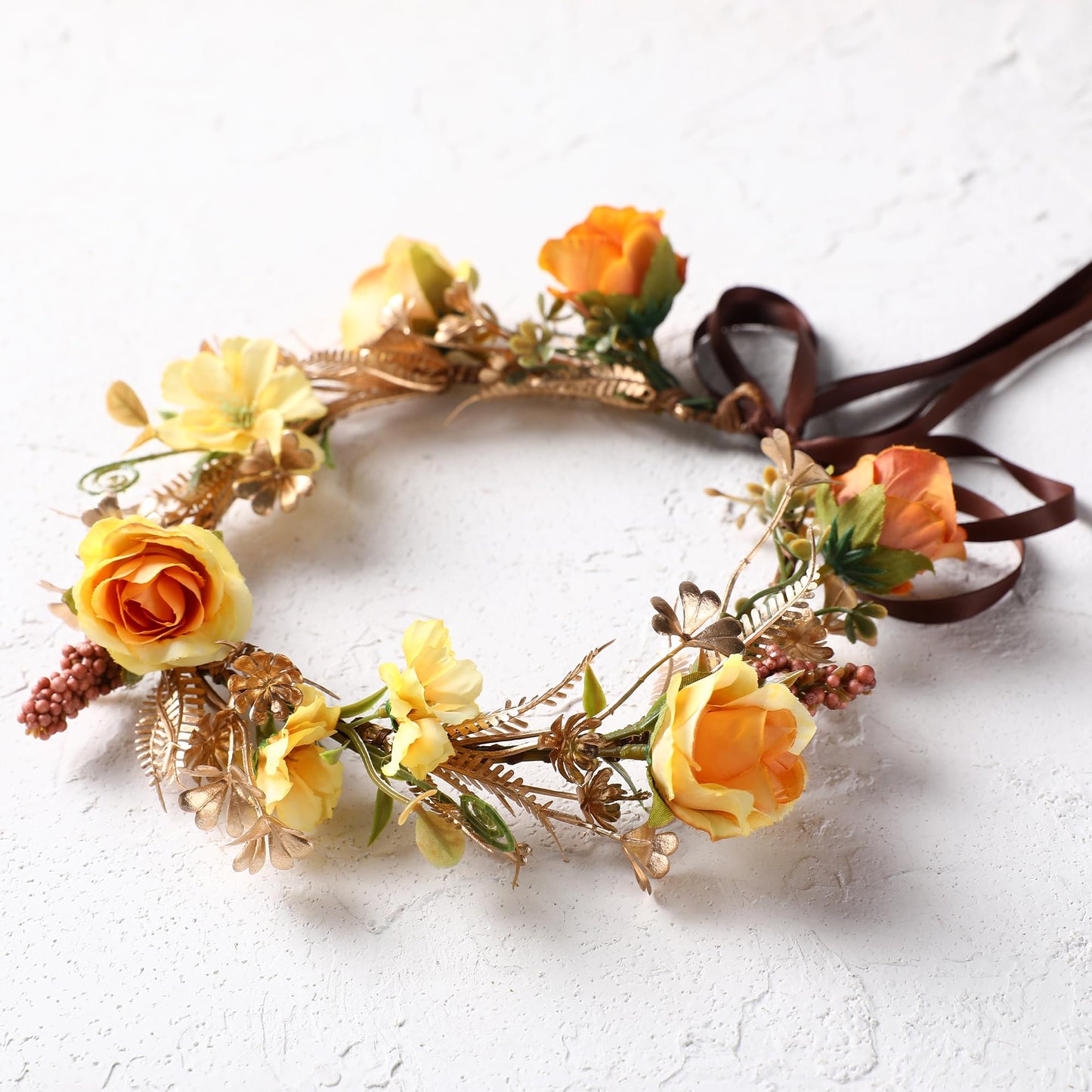 KorViSHOW Fairy Rose Flower Crown - Golden Leaves Autumn Yellow Flower Headband Fashion Boho Bridal Floral Headpiece Women Girls Vacation Party Festival Photo Prop