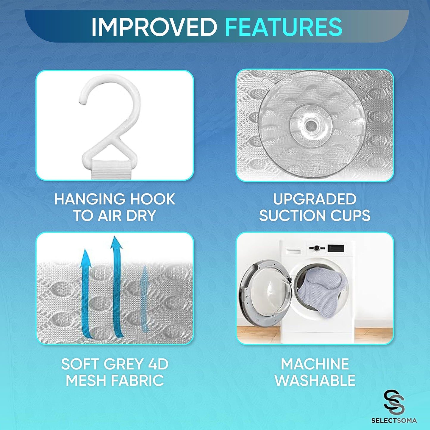 SelectSoma Premium Bathtub Pillow with Thick 4D Mesh for Head, Neck & Back Support - Luxury Quick-Drying Bath Pillow with 6 Strong Suction Cups for Tub Comfort