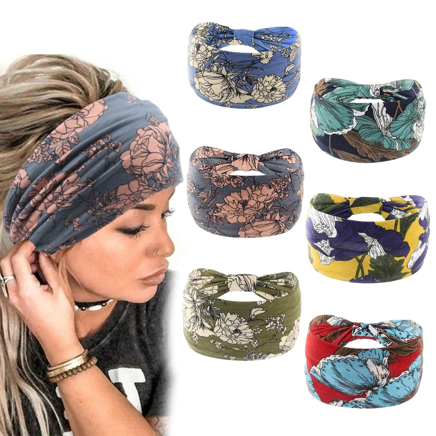 Yeshan Women's Wide Boho Knotted Non-Slip Turban Headwraps - Stretchy Bandeau Hair Bands for Sports, Yoga, Workouts, Pack of 8