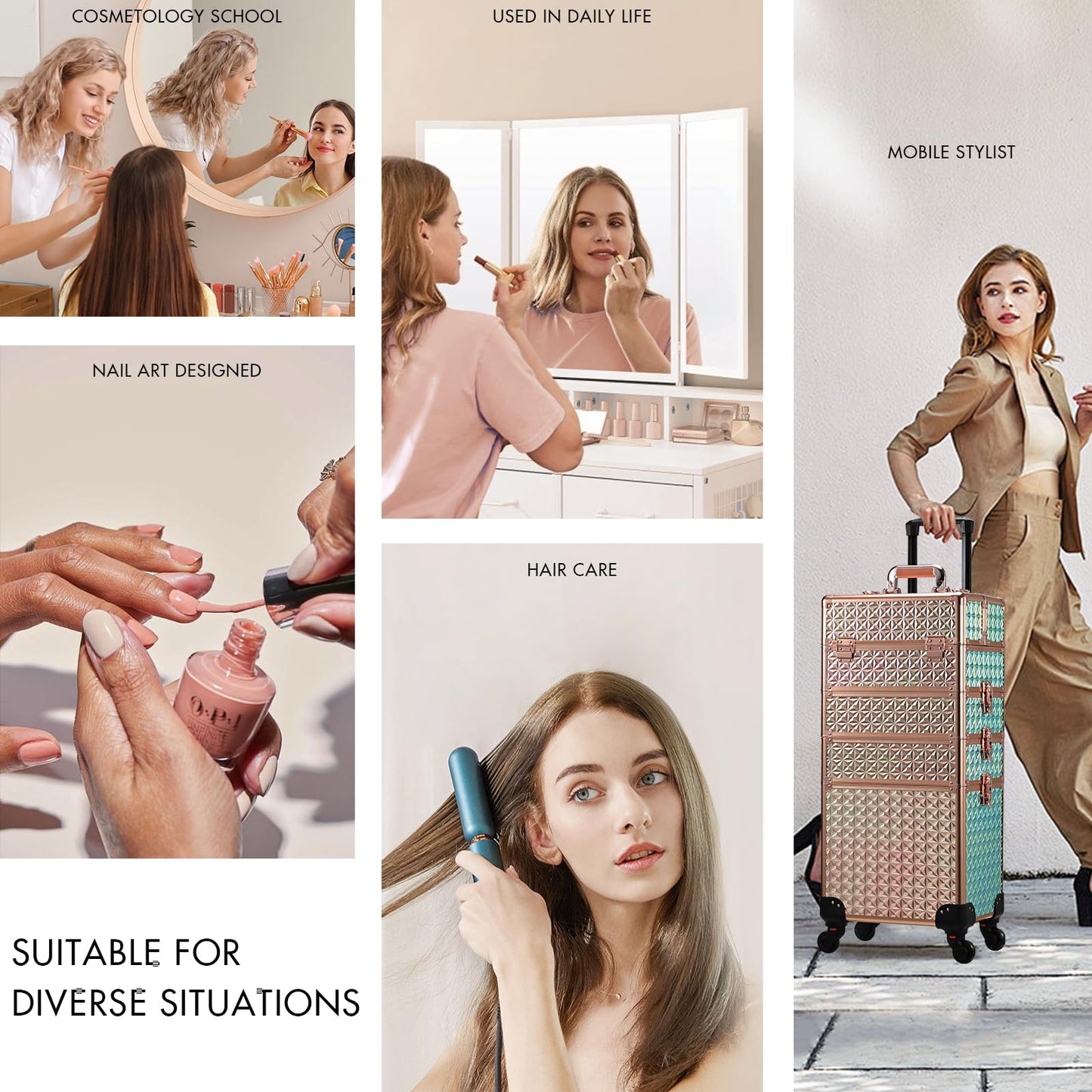 Stagiant Rolling Makeup Train Case Large Storage Cosmetic Trolley 4 in 1 Large Capacity Trolley Makeup Travel Case with Key Swivel Wheels Salon Barber Case Traveling Cart Trunk Shiny Rose Gold