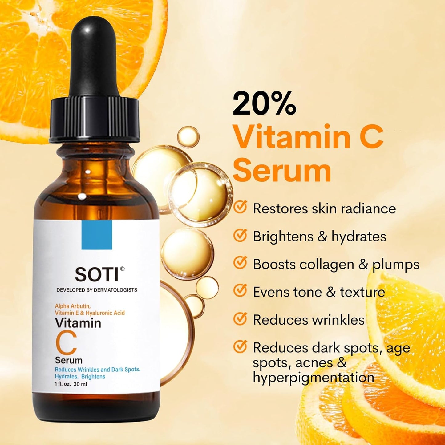 Skiennix Vitamin C Face Serum 20% - Anti-Aging Formula with Hyaluronic Acid & Alpha Arbutin | 1 fl. oz. (30ml)