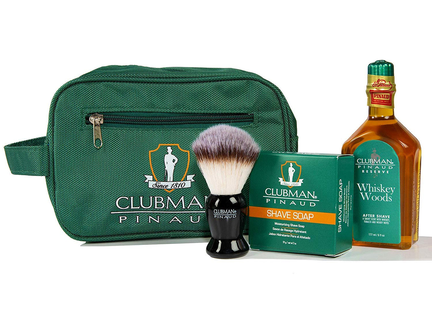 Clubman pinaud shave essentials set, dopp kit with whiskey woods after shave, shave soap, and shave brush