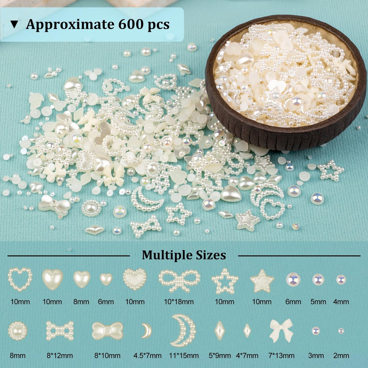 600Pcs 3D Multi Shapes Nail Charms and Flatback Pearls, Beige Mix Styles Heart Star Bow Sunflower Embellishments for Nail Art, Craft and Decoration with Glue Gel, Tweezer and Pickup Pencil
