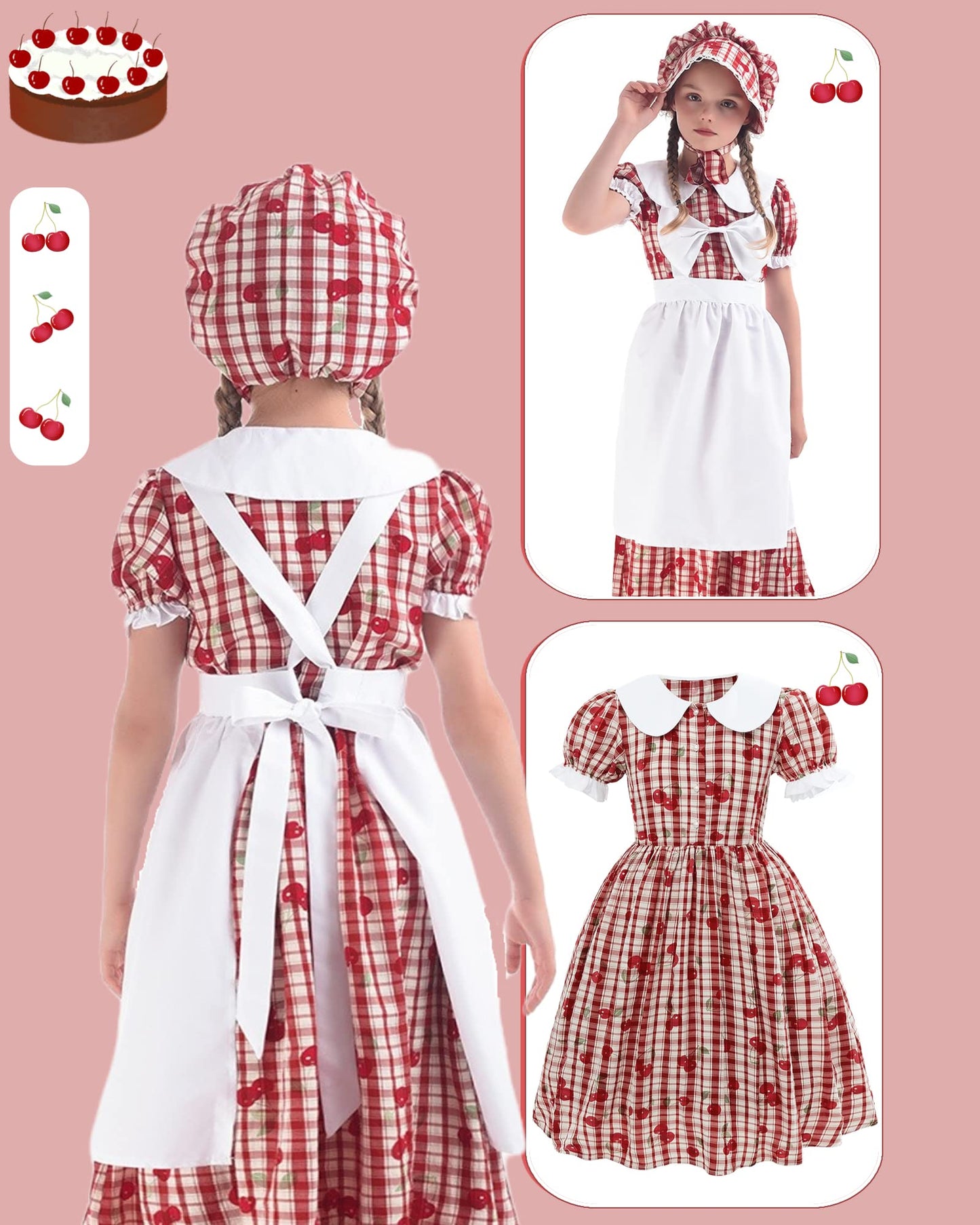 NSPSTT Prairie Dresses for Girls Pioneer Costumes for Girls Amish Dress Colonial Girl Cherry Plaid Dress, Red, XXL age over 4 years old