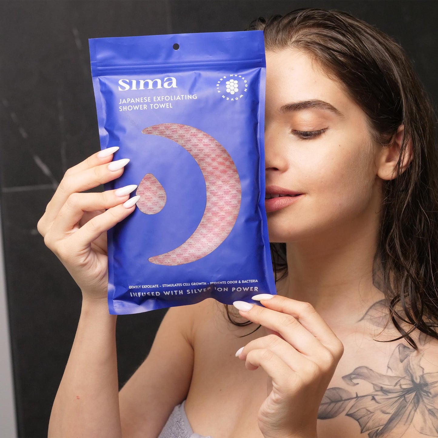 Sima Brand Exfoliating Washcloth Face & Body Scrub Towel - Japanese Exfoliating Towel with Hexagon Fibers, Body Scrubber with 2 Sides for Scrubbing & Washing Extra Long (Pink)