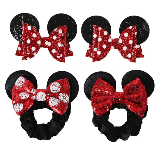 Nuolich 4PCS Mouse Ears Hair Clips & Mouse Ear Scrunchies Red Polka Dot Hair Bows Barrettes for Women Girls Costume Accessories Glitter Party Decorations