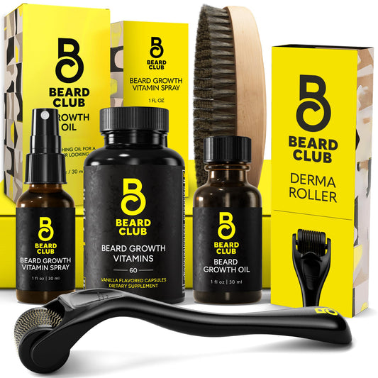 The Beard Club Signature Beard Growth Kit - Derma Roller, Beard Growth Oil, Beard Growth Vitamins, Vitamin Spray & Beard Brush - Gift Set