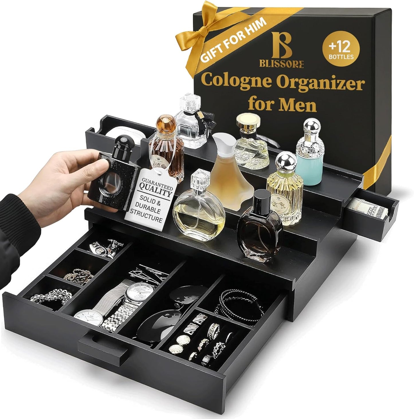 Skiennix Cologne Organizer for Men - Premium Stand with 2 Side-Opening Drawers & Jewelry Storage | Perfect Gift Idea