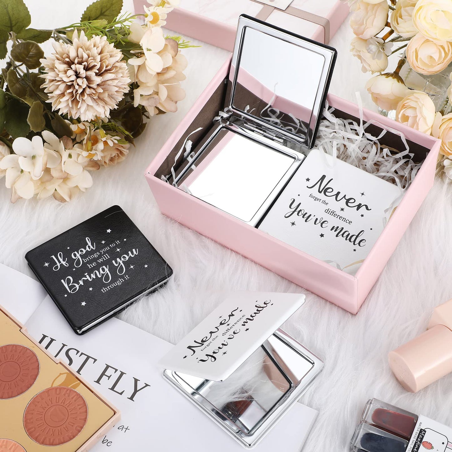 Qunclay 12 Pcs Christian Compact Mirror Gifts Bulk Employee Inspirational Bible Verse Pocket Mirrors Women Mini Makeup Mirrors for New Year Church Sunday Party Favors (Black, White)