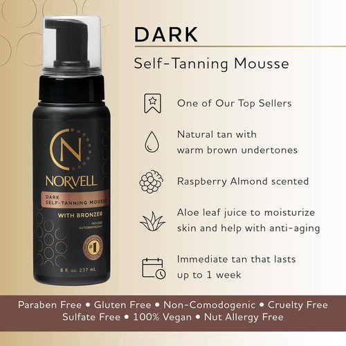 Norvell Sunless Dark Self Tanner Mousse - Instant Streak-Free Bronzing Glow | 8 Fl Oz, Fast Drying & Long Lasting