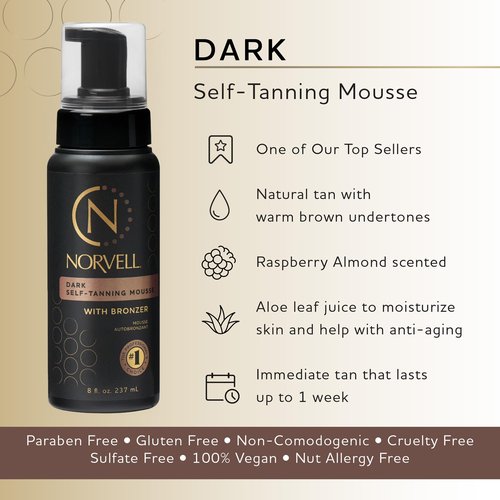 Norvell Sunless Dark Self Tanner Mousse with Mitt, 8 Fl Oz + Streak Free Tanning Applicator Mitt - Instant Natural Looking Bronzing Glow