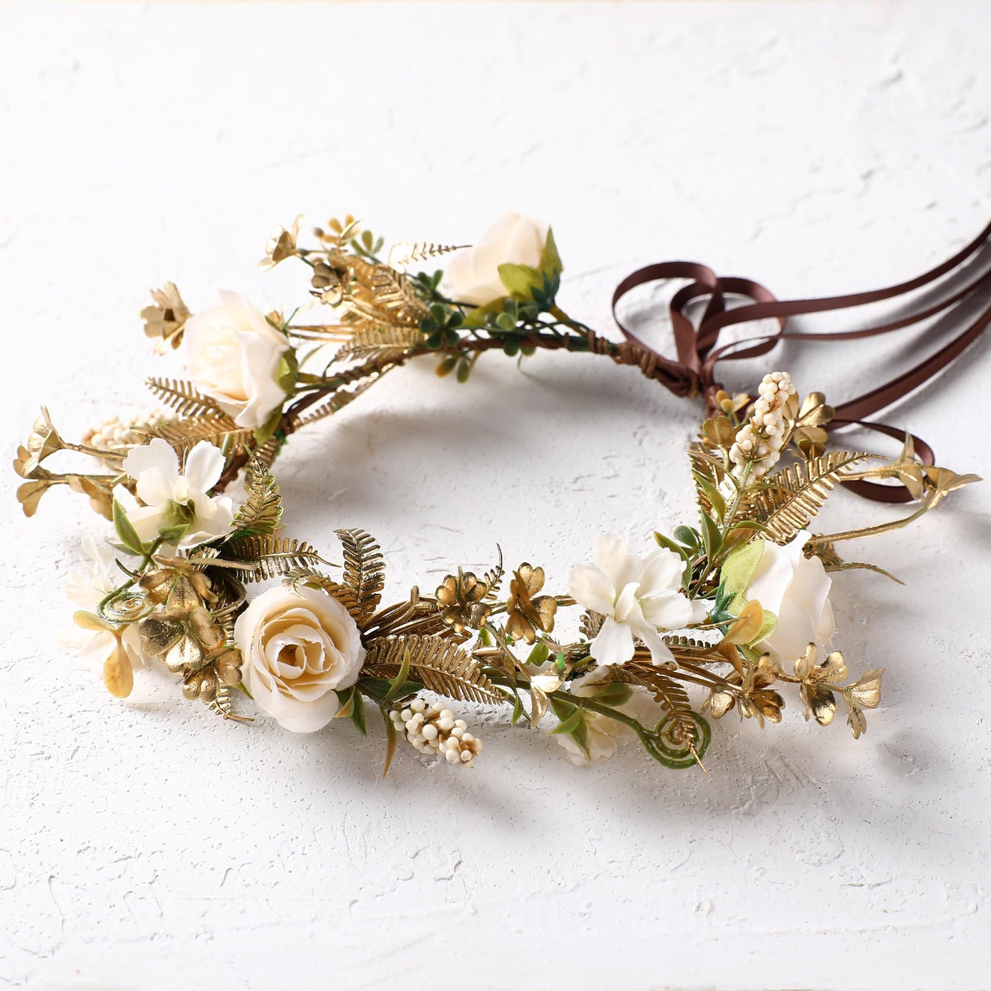 KorViSHOW Vintage Rose Flower Crown - Golden Leaves White Classic Flower Headband Fairy Elegant Flower Headpiece for Women Girls Christmas Mucic Festivals Photo Prop