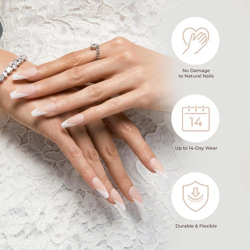 KISS Classy French Nail Manicure Kit - Long Coffin Shaped Fake Nails with Gel Finish | 28 Count 'Be-You-Tiful'