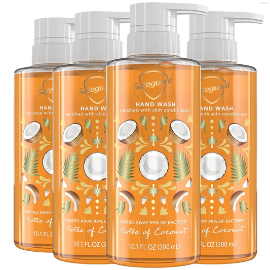 Safeguard Liquid Hand Soap, Micellar Deep Cleansing, Washes Away 99% Bacteria, Made with Natural Moisturizers, Enriched with Skin Conditioners, PH Balanced, Coconut Scent 10.1 oz (Pack of 4)