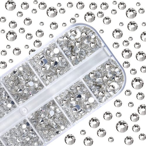 Nail Art Rhinestones Kit HUETFAT 2400pcs Nail Gems Crystal Clear Flatback Rhinestones Gems Stones, with Storage Organizer Box/Wax Pencil/Tweezers 6 Sizes (1.9-4.5 mm) for Nail Art Craft