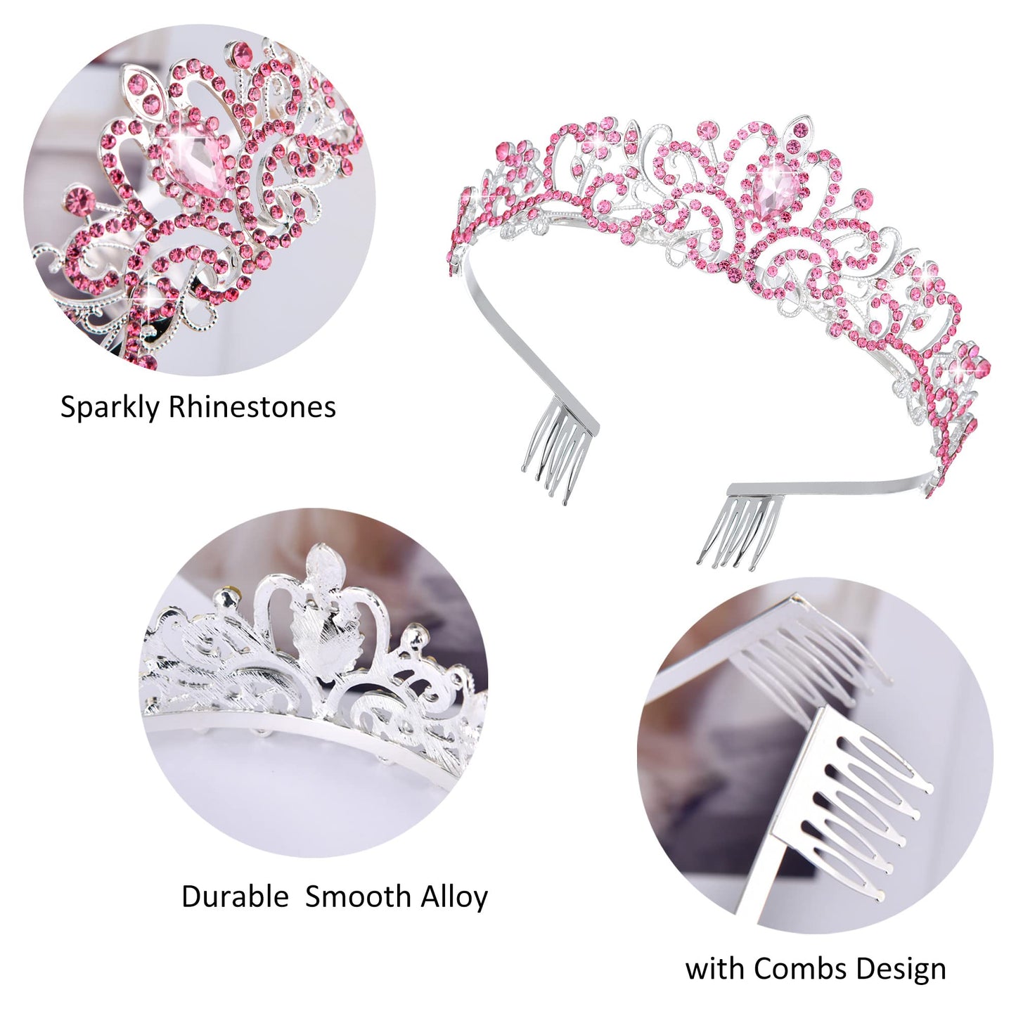 Pink Tiaras Fairy Princess Crowns for Women Girls, 6 Pack Crystal Tiara Queen Wedding Prom Party Dress Up Hair Accessories Headbands for Brides Birthday Decorations Gifts Crown