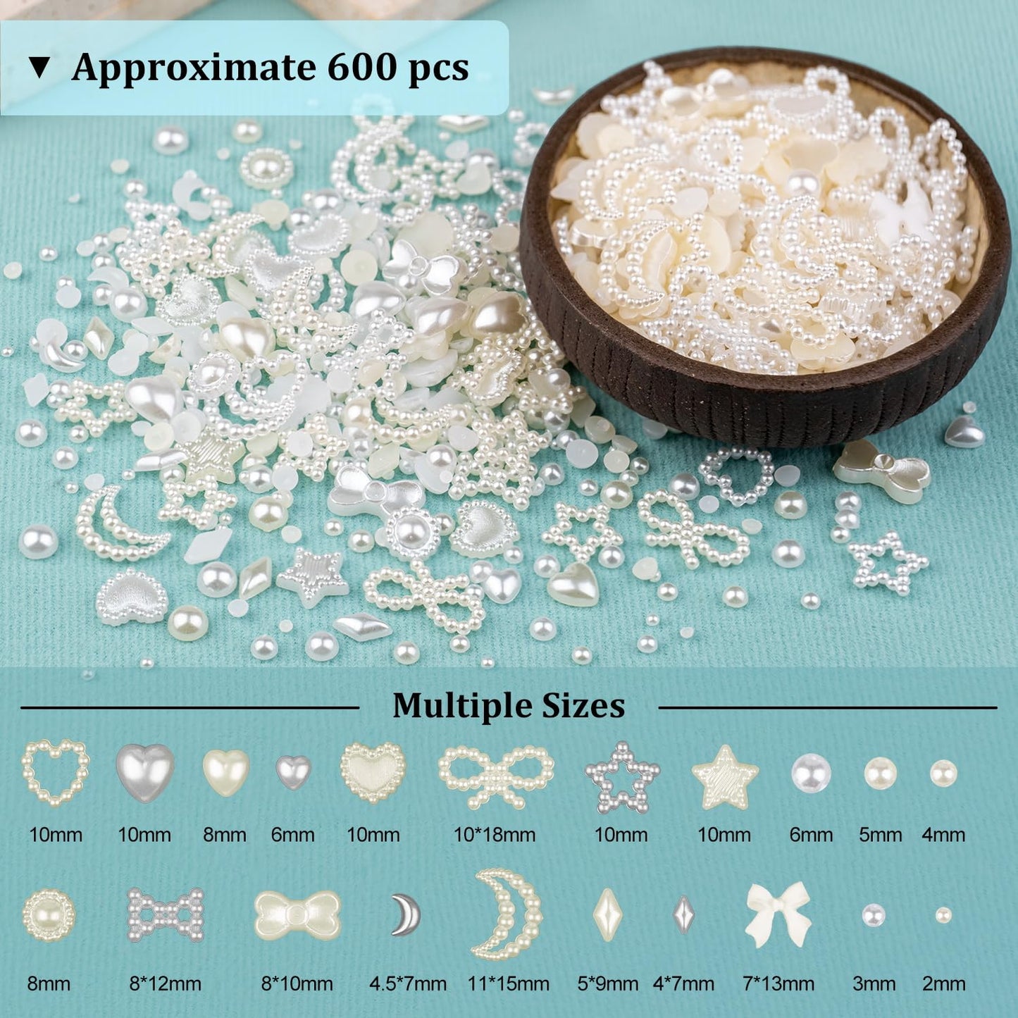 600Pcs 3D Multi Shapes Nail Charms and Flatback Pearls, Beige Mix Styles Heart Star Bow Sunflower Embellishments for Nail Art, Craft and Decoration with Glue Gel, Tweezer and Pickup Pencil