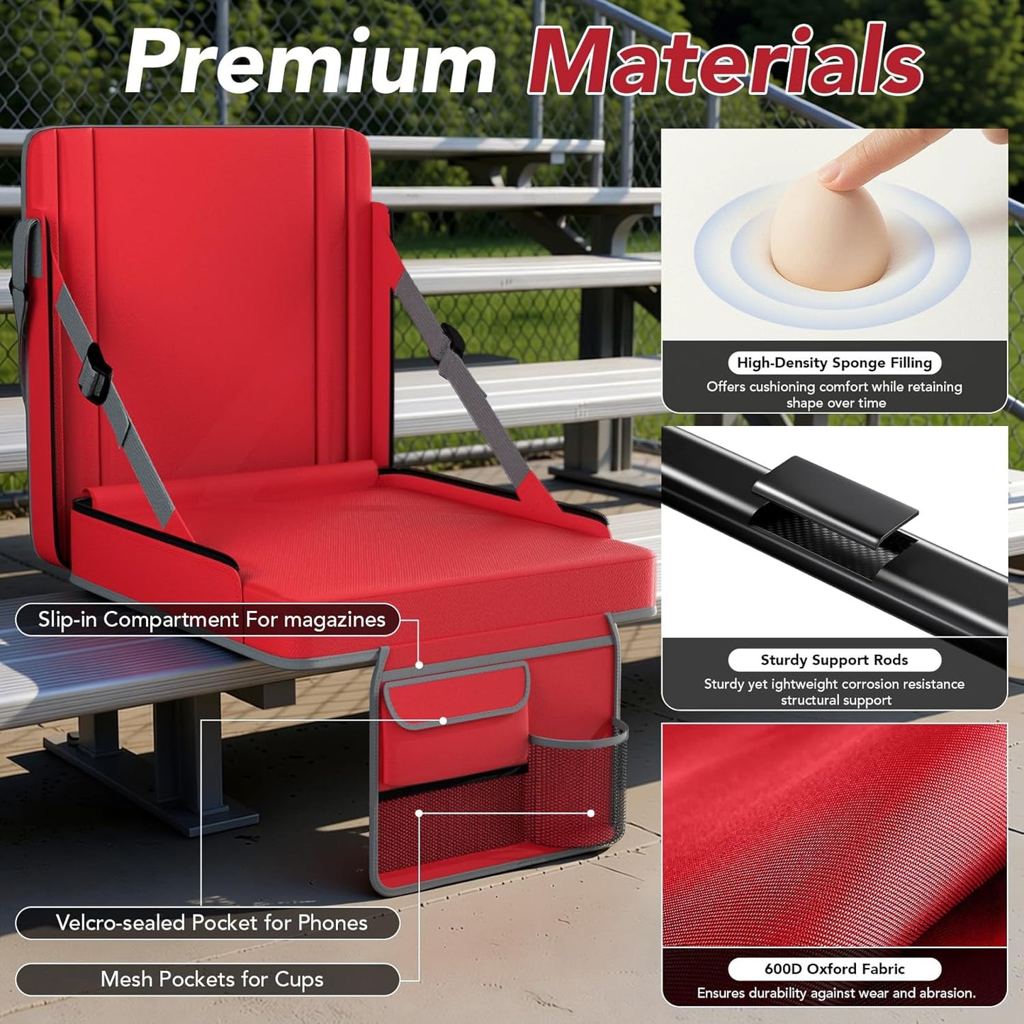 Skiennix Stadium Seats - Adjustable Bleacher Chairs with Back Support & Cup Holder | 2-Pack for Outdoor Events