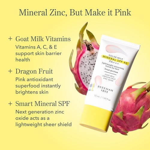 Beekman 1802 Solar Milk Sunscreen SPF 40 - Lightweight Zinc Oxide Face Protection, 1.69 fl oz