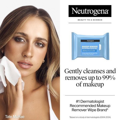 Neutrogena Makeup Remover Wipes - Alcohol-Free Micellar Towelettes for Waterproof Mascara | 2 x 25 Ct, Compostable Plant-Based Cloth