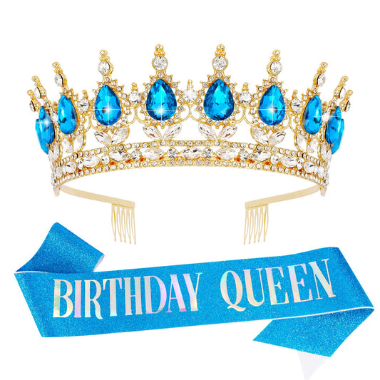 Vovii Birthday Crown & Sash Set for Women, Blue Tiara & Birthday Queen Sash for Women Birthday Decorations, Happy Birthday Party Decorations for Birthday Crown Adult Woman