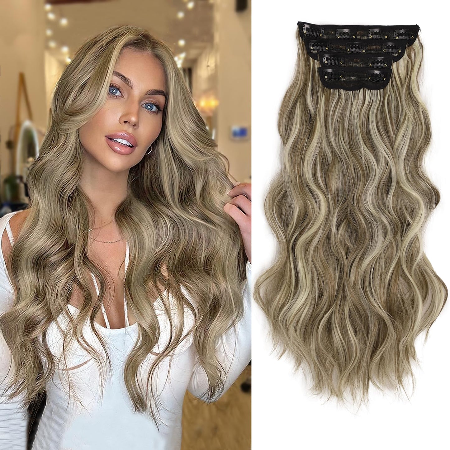 QGZ Clip in Hair Extensions for Women 4 PCS Set of Thick, Synthetic Long Wavy Hairpieces 20 Inch Light Brown mix Natural Blonde