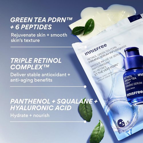 Innisfree Retinol Green Tea PDRNTM Serum Mask - 5 Pack Sheet Masks for Firming & Smoothing All Skin Types