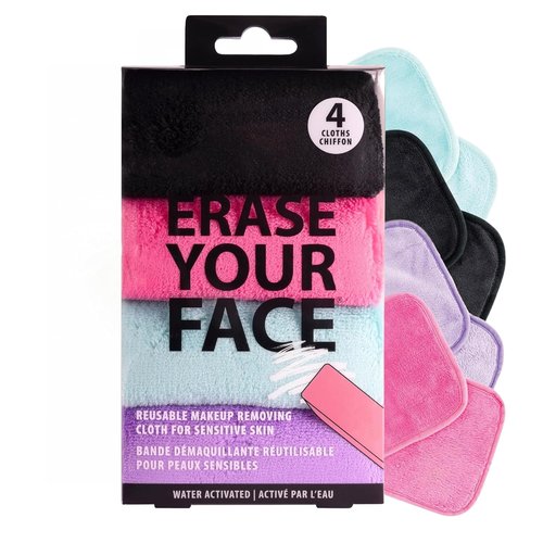 ERASE YOUR FACE Reusable Makeup Remover Cloths - Microfiber Towels for Gentle Cleansing - Water Activated, Multi-Color (4 Count)