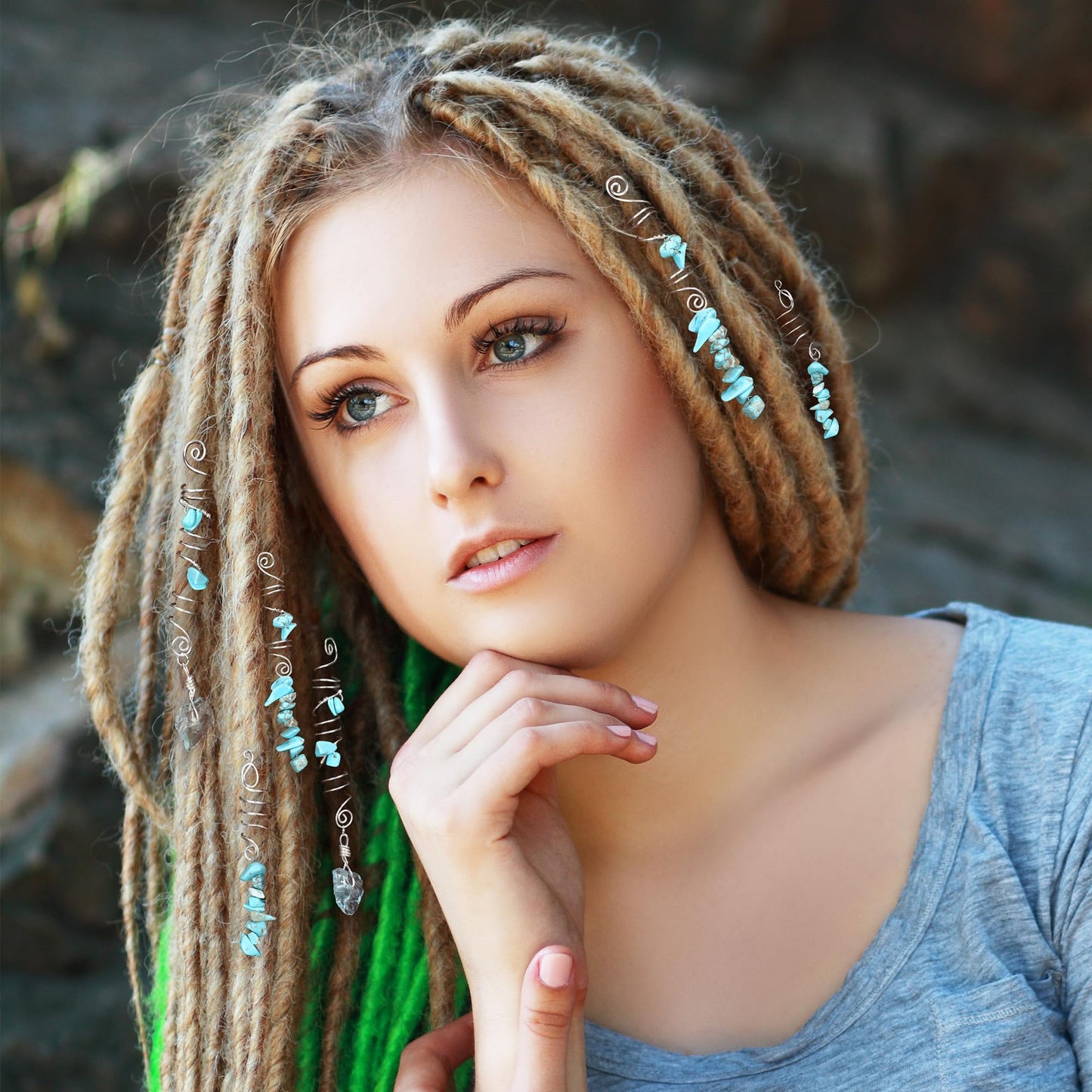 FRESHME Green Crystal Hair Jewelry for Braids Kit - 8 Pcs Green Natural Stone Hair Braid Accessories with Dark Green Bead Earrings Sets Silver Spirals Rings Dreadlock Decoration