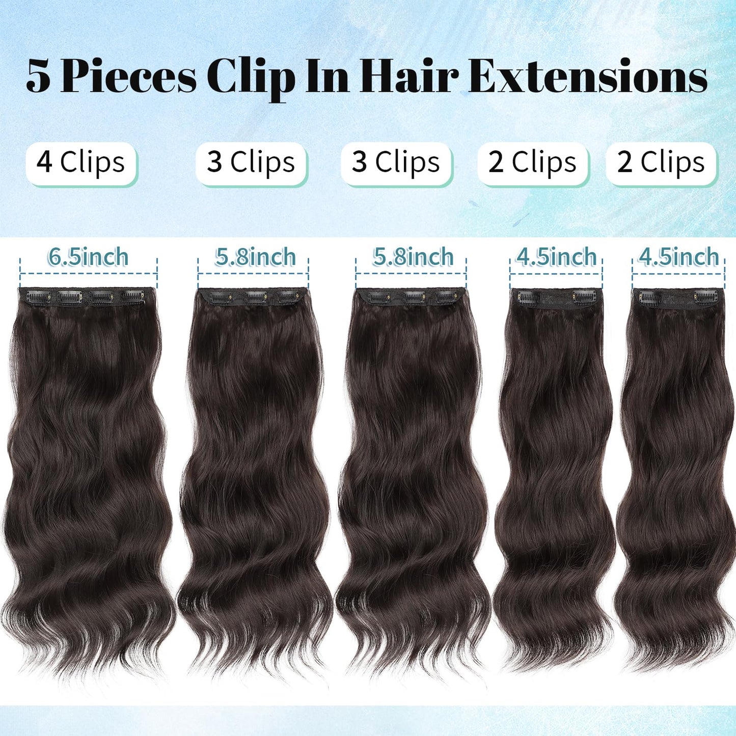 KooKaStyle Hair Extensions 5PCS Long Wavy Upgrate Invisible Full Coverage Edges Seamless Clip in Extensions for Women 20 Inch Dark Brown Synthetic Natural Hairpieces