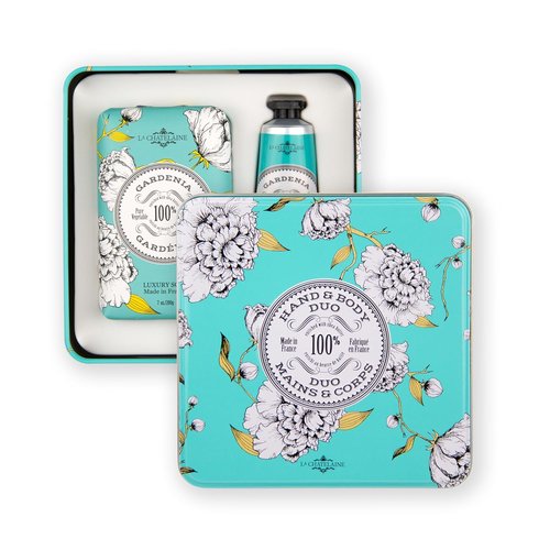 La Chatelaine Gardenia Soap & Shea Butter Hand Cream Gift Set - Natural & Organic | Decorative Tin (7 oz. Soap Bar, 1 oz. Hand Lotion)