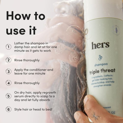 hers Triple Threat Shampoo, Conditioner, and 2% Minoxidil Set - Biotin, Saw Palmetto, & Pumpkin Seed Oil - Supports Hair Regrowth for Women - Color-Safe & Paraben-Free - Napa Rose Scent - 3 Count