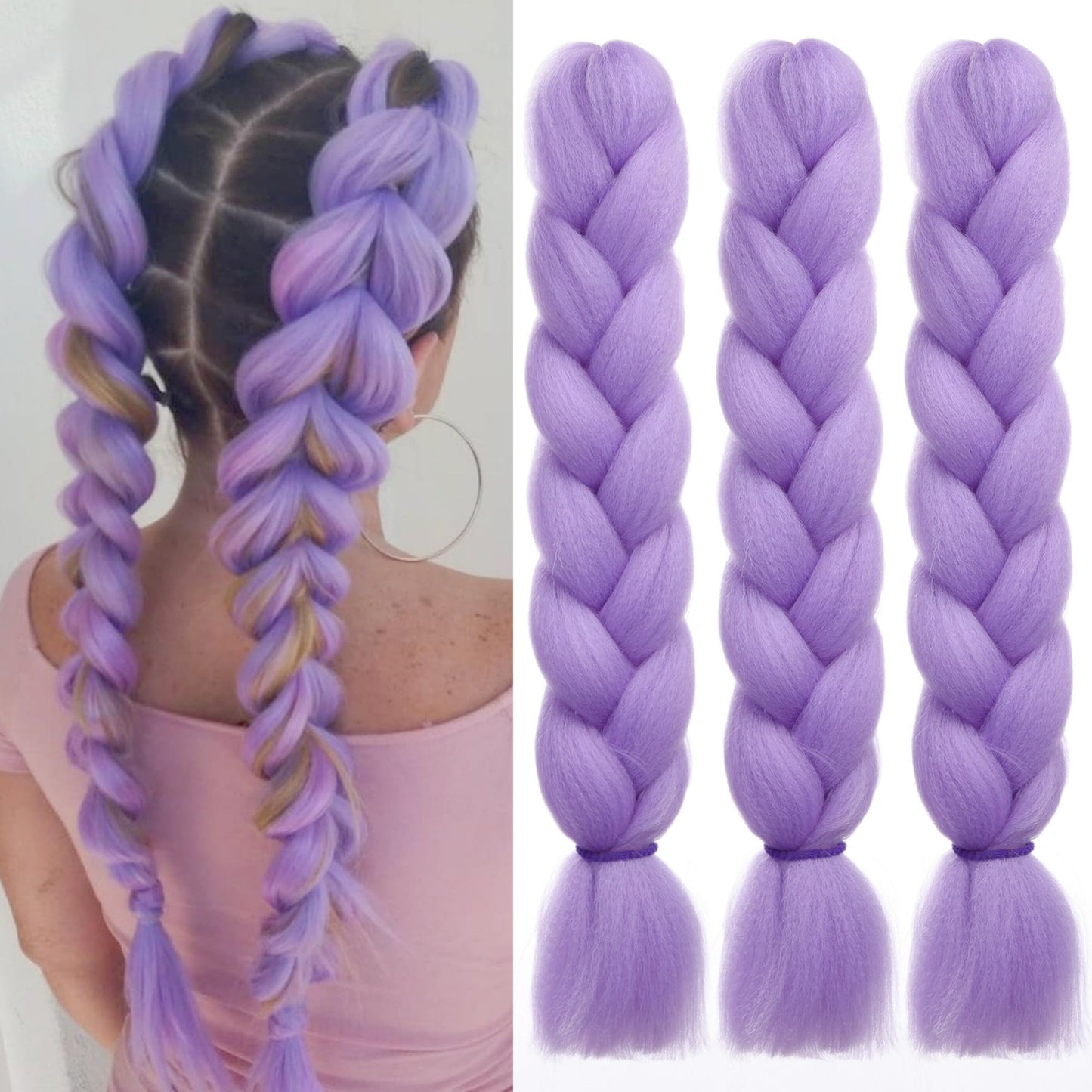 EMMOR Jumbo Braiding Hair Extensions 24 Inch High Temperature Synthetic Fiber 3 pcs Box Braids Braiding Hair Twist Crochet Braids Pre Stretched(Lavender Purple)