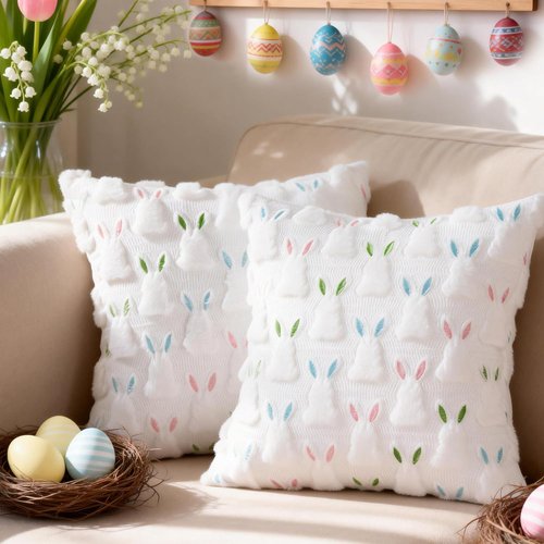 ALFEVA Bunny Throw Pillow Covers - Cute Plush Easter Decor | Set of 2, 18" x 18" for Living Room & Bedroom