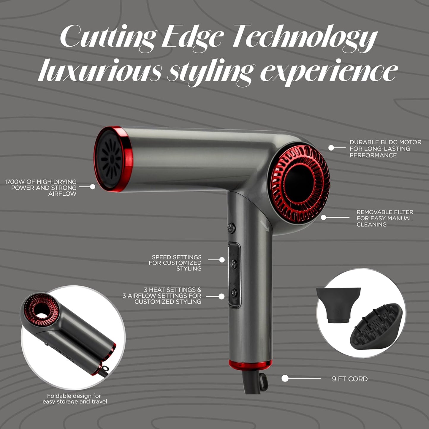 CHI Lava Hair Dryer - Brushless Motor for Faster, Quieter Drying | Foldable Design Reduces Frizz & Enhances Shine