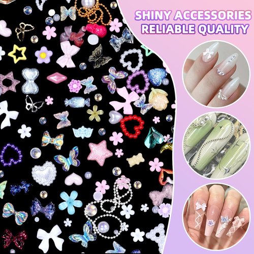 3D Nail Charms Set, Color Flower Bow Moon Heart Star Nail Art Charms, Half Round Pearl & Flatback Gems AB, Hollow Butterfly Alloy Nail Art Supplies DIY Accessories