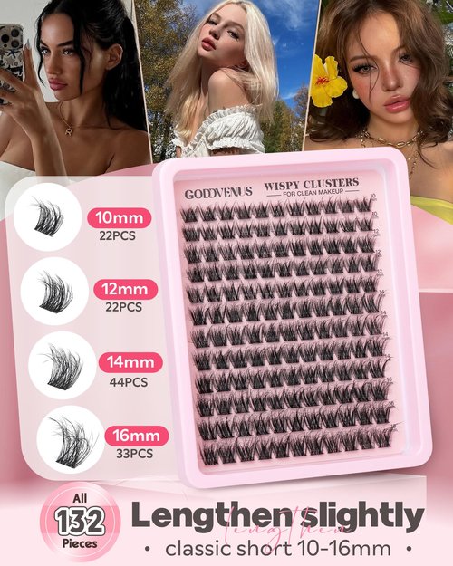Goddvenus Wispy Lash Clusters Natural Eyelashes Cluster Fluffy Lashes Clusters CD Curl Cluster Eyelash Extensions DIY Individual Lashes Extension (10-16mm 132pcs)