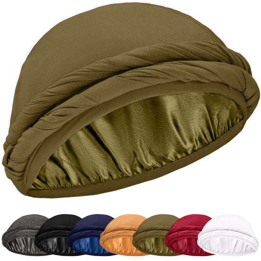 CAPLORD Silk Durag Satin Lined Halo Turban Head Wrap Pre-Tied Skull Cap for Men and Women Sleeping Bonnet Hair Cover Chemo Hair Loss Hat Night Bonnet Olive Green