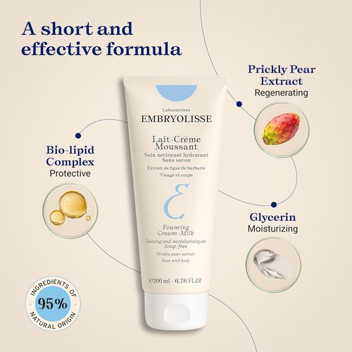 Embryolisse Foaming Cream Milk - Hydrating Soap-Free Cleanser for Face & Body | Vegan, 6.76 Fl Oz