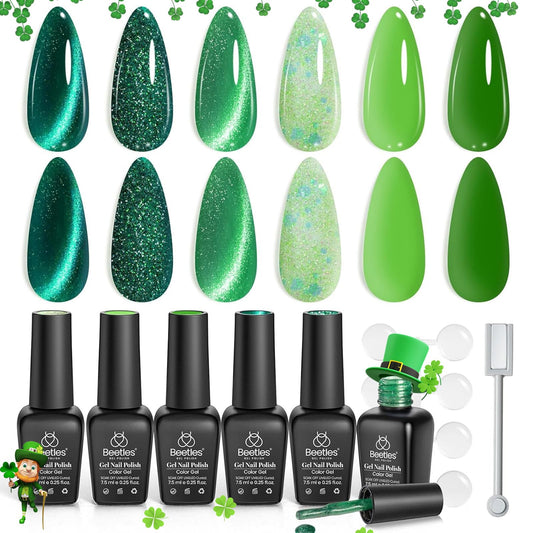 Beetles Gel Polish Green Gel Nail Polish Set, Cat Eye Jelly Gel Polish with Color Swatch Dots Magnet, 6 Color Glitter Enchanted Forest Theme for Salon Gel Manicure Nail Art DIY at Home