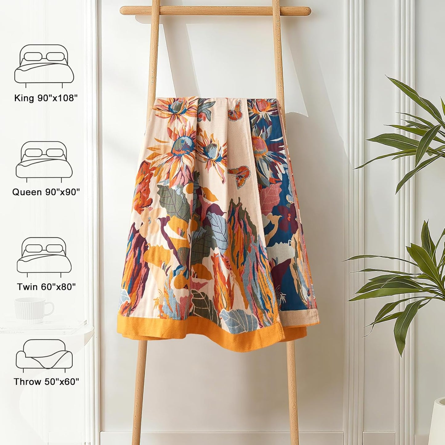 Skiennix Boho Throw Blanket - 100% Cotton, Soft & Breathable, Floral Embroidery | 50"x60" Reversible Sofa Decor